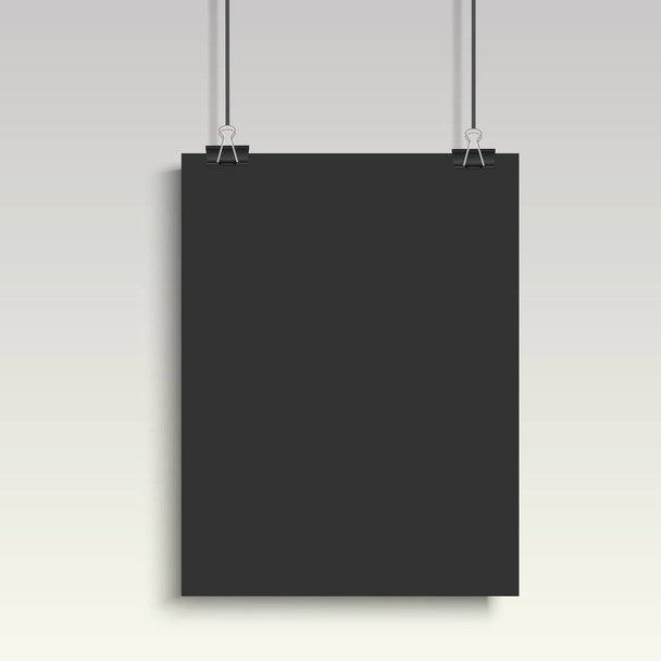 Black poster hanging on binder. Grey background with mock up empty paper blank. Vector.  - Vector, Image