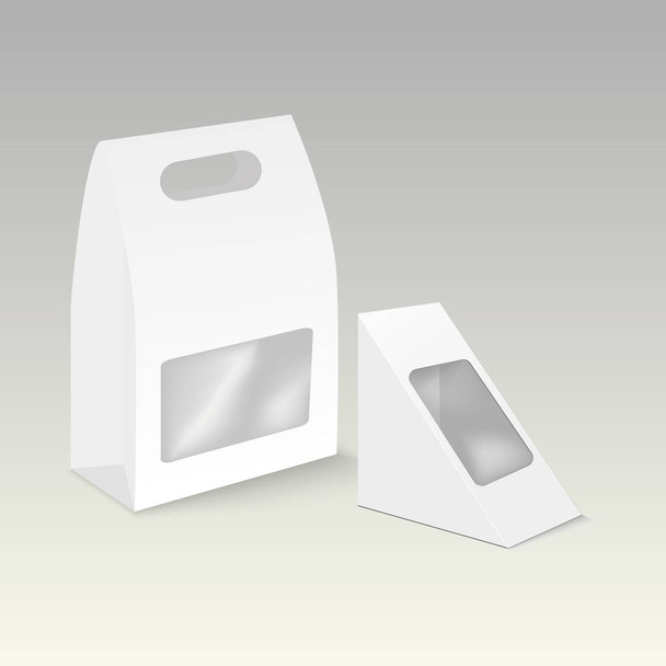 Conjunto vectorial de triángulo blanco de cartón en blanco para llevar mango loncheras embalaje para sándwich, comida, regalo, otros productos con ventana de plástico se burlan
 - Vector, imagen