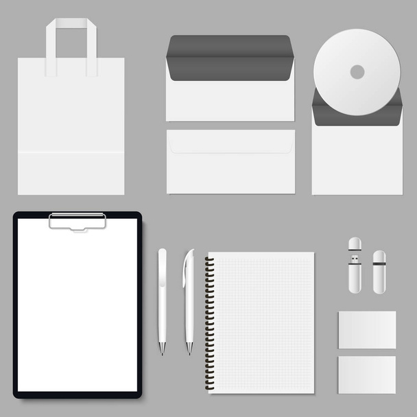 Векторный корпоративный макет. Набор предметов с папкой из буфера обмена, обложкой, визитной карточкой, сумкой, компакт-диском, энциклопедией и ручкой
 - Вектор,изображение