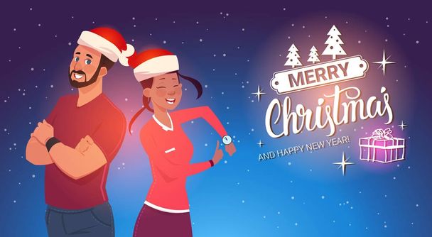 Happy Couple Wearing Santa Hats Man And Woman Christmas And New Year Holidays Celebration Poster - Vector, Imagen