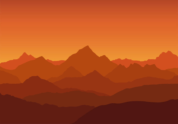 Panoramablick auf die Berglandschaft mit Nebel im Tal unten mit dem orangefarbenen Himmel - Vektor - Vektor, Bild