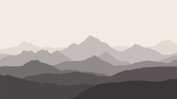 panoramic view of the mountain landscape with fog in the valley below with the alpenglow grey sky - vector - Vector, Image