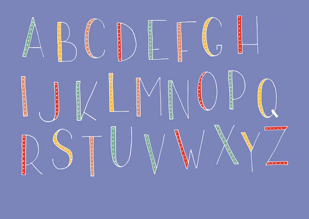 Hand drawn multicolor vector alphabet  isolated on blue background. - Vector, Image