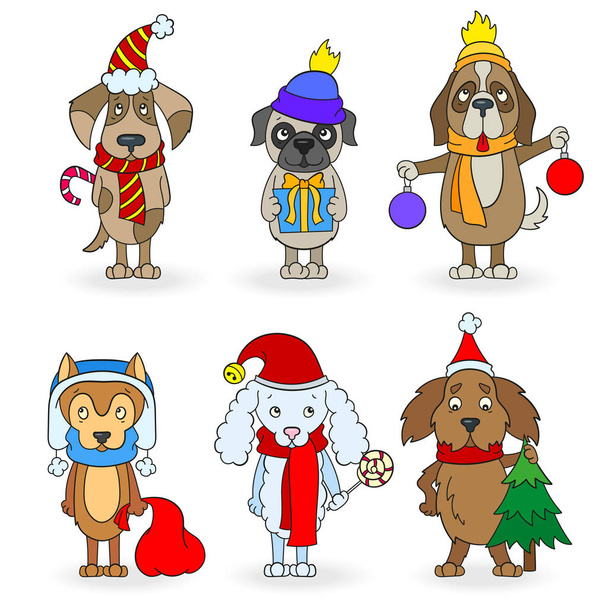 Set cartoon honden met Kerstmis kenmerken, geschilderd cijfers tegen witte achtergrond, isoleren - Vector, afbeelding