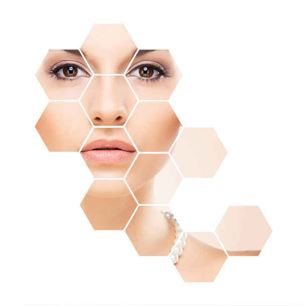 face of young woman in honeycombs - Foto, imagen