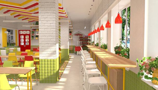 Interior of the school children's canteen. 3D visualization of dining room for schoolchildren. - Photo, Image