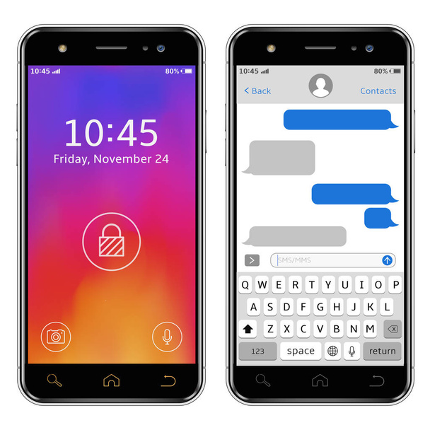 Mobile phones with lock screen and chatting sms app template - Vector, Image