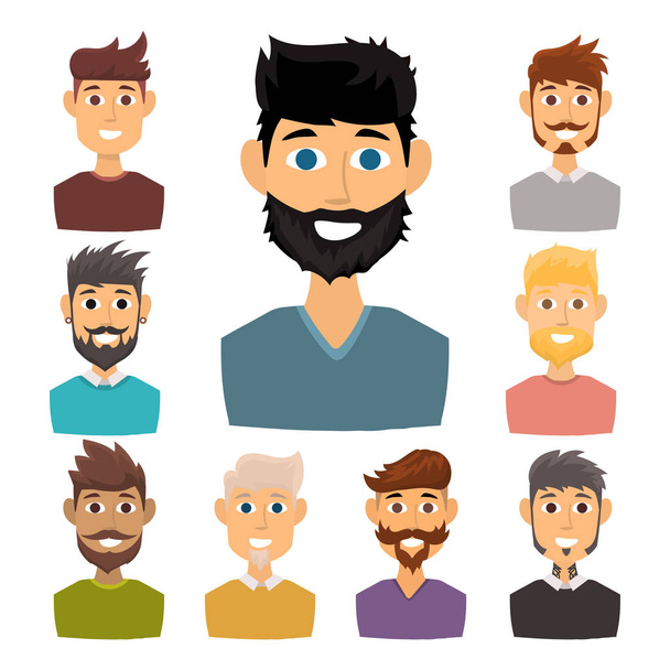Karakter van verschillende expressies bebaarde man gezicht avatar en mode hipster kapsel hoofd persoon met snor vectorillustratie. - Vector, afbeelding
