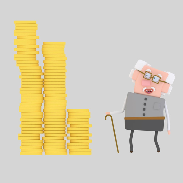 Le vieil homme regarde ses économies. Illustration 3d
 - Photo, image