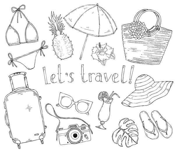 Summer set items for vacation and travel. - Vetor, Imagem