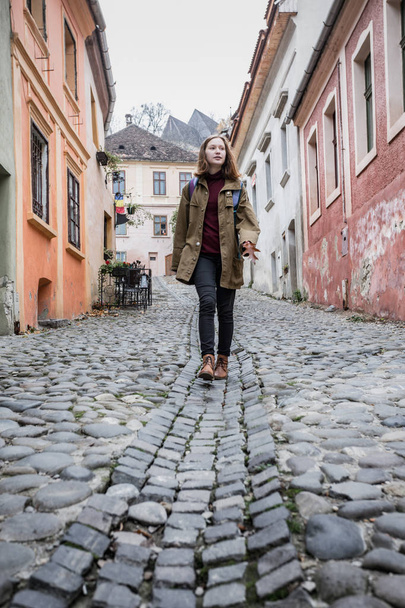 girl hipster walking at the beautiful street - 写真・画像