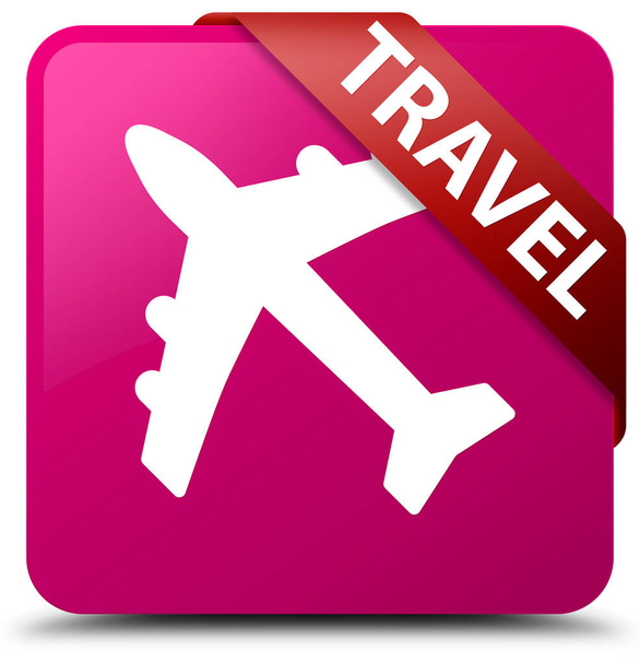 Reizen (vliegtuig pictogram) roze vierkante knop rood lint in hoek - Foto, afbeelding