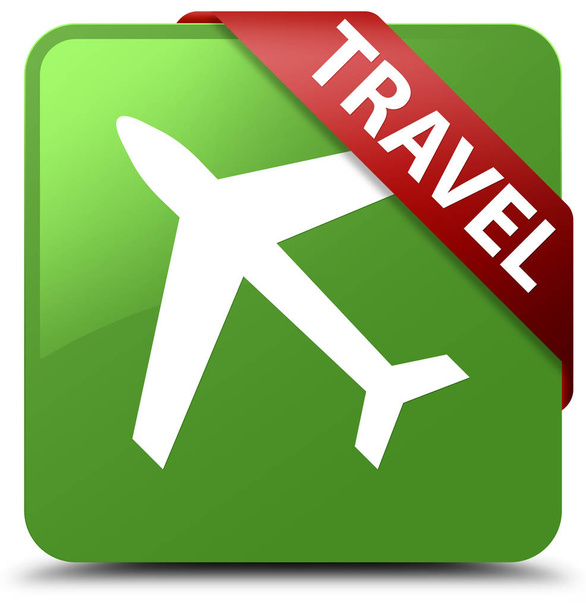 Travel (plane icon) soft green square button red ribbon in corne - Photo, Image