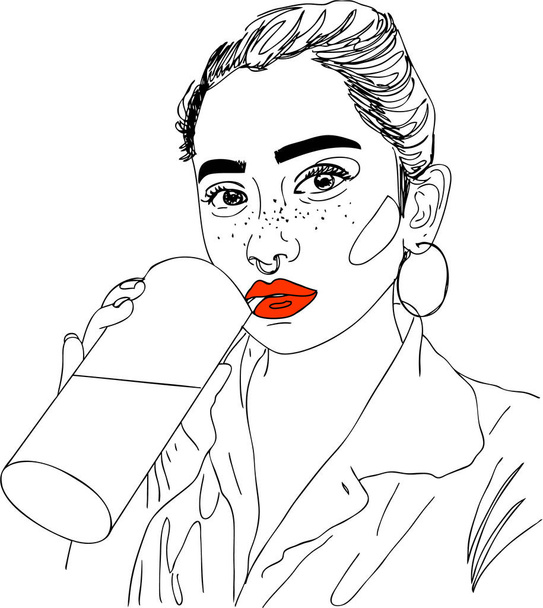 illustration, Head of young woman with red lips and coctails - Vektor, Bild