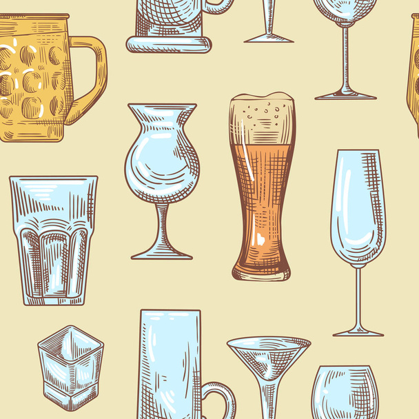 Different Drink Beverage Glasses Seamless Pattern. Stemware Hand Drawn Background. Vector illustration - ベクター画像