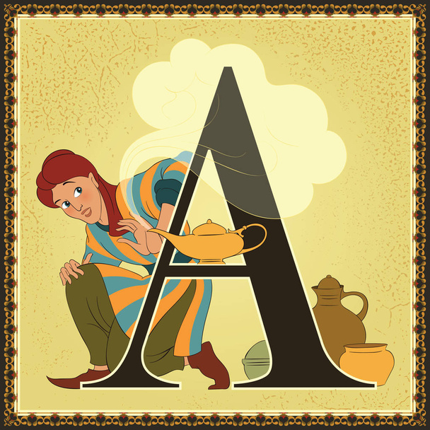 Dzieci książki kreskówki bajki alfabetu. Litera A. Aladyn i cudowne lampy. Arabian Nights - Wektor, obraz