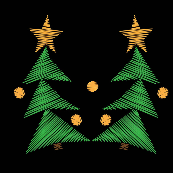 Christmas tree and star embroidery stitches imitation on the bla - Vector, Imagen