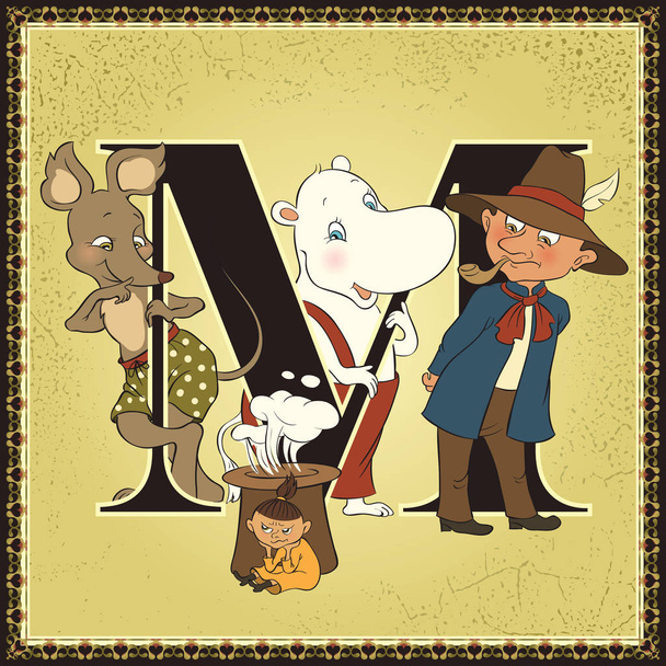 Bambini libro cartone animato alfabeto fiabesco. Lettera M. Moomin libri di Tove Jansson
 - Vettoriali, immagini