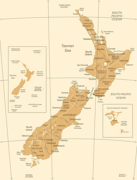 Новая Зеландия Карта - Винтажные векторные иллюстрации
 - Вектор,изображение