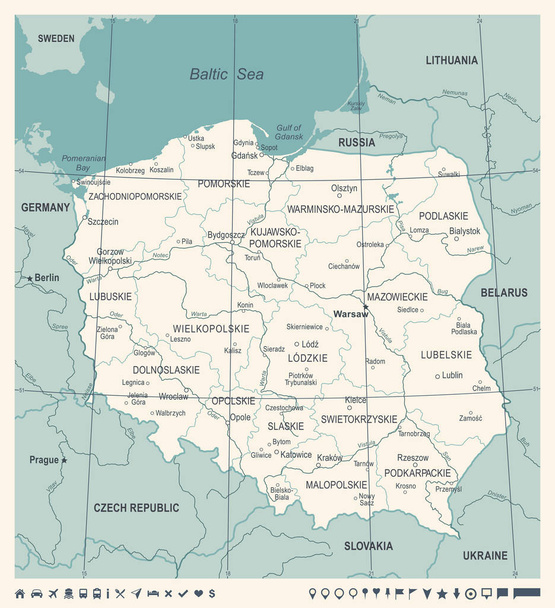 Polonya harita - Vintage vektör çizim - Vektör, Görsel