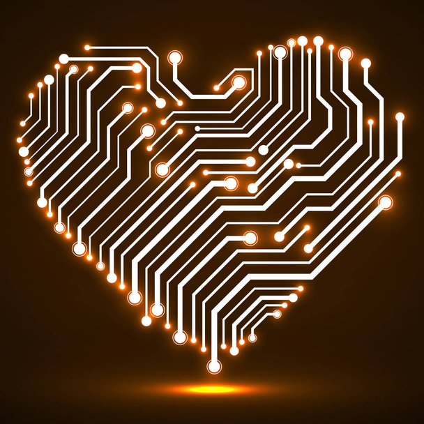 Placa de circuito de neón abstracta en forma de corazón, fondo de tecnología
 - Vector, Imagen
