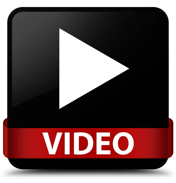 Μαύρο τετράγωνο κουμπί βίντεο κόκκινη κορδέλα στη μέση - Φωτογραφία, εικόνα
