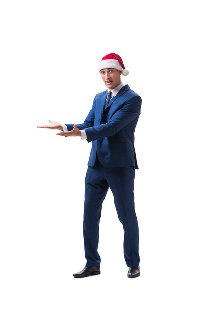 Joven hombre de negocios con sombrero de santa en el concepto de Navidad en blanco
 - Foto, Imagen