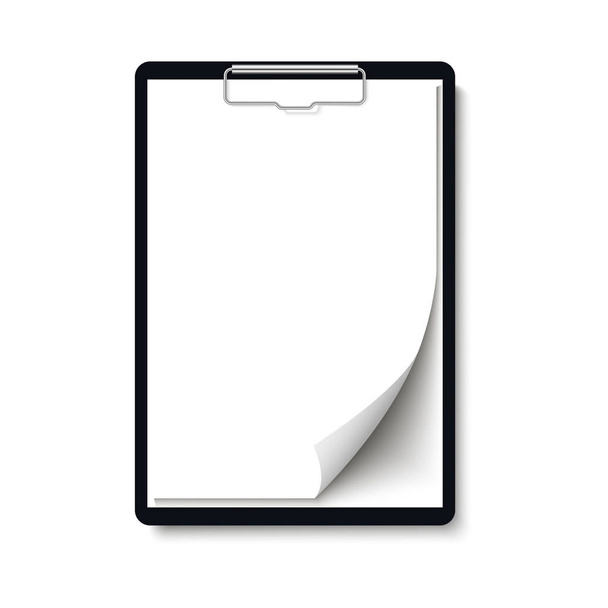 realistische Klemmbrettmappe mit leerem weißen Blatt Papier mit gerollten Eckmock. Vektor - Vektor, Bild