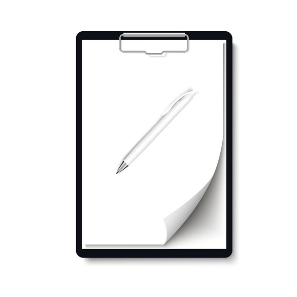 Realistic clipboard folder with blank white sheet of paper with curled corner  and pen mock up. Vector - Vector, Image