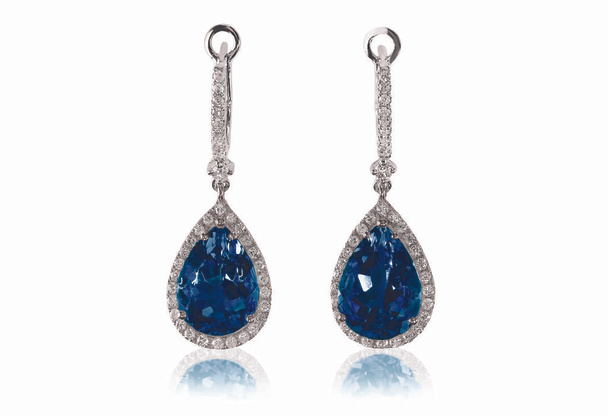 Beautiful Diamond blue sapphire gemstone cushion cut pear shape teardrop drop dangle diamond earrings. - Photo, Image