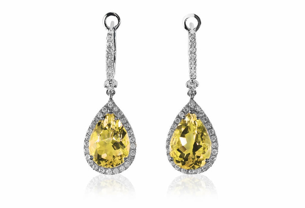 Beautiful Diamond gemstone yellow topaz citrine cushion cut pear shape teardrop drop dangle diamond earrings. - Photo, Image