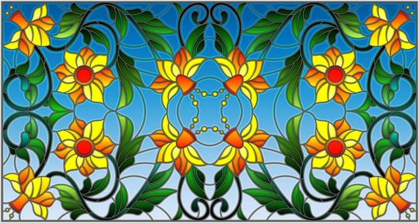 Ilustrace v vitráže stylu s abstraktní oranžové květy na modrém pozadí - Vektor, obrázek