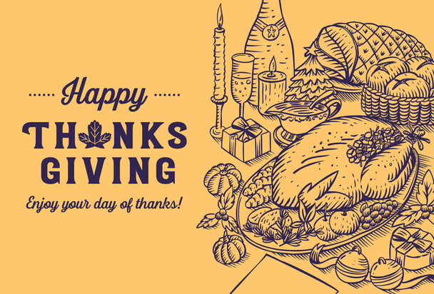 Hand getrokken Thanksgiving diner achtergrond, vectorillustratie - Vector, afbeelding