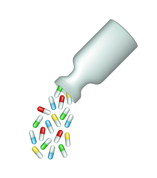 Capsule pills scattered from medical bottle - Vector, Image