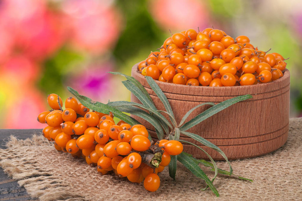 Sea-buckthorn berries in a wooden bowl on table with blurred garden background - Photo, Image