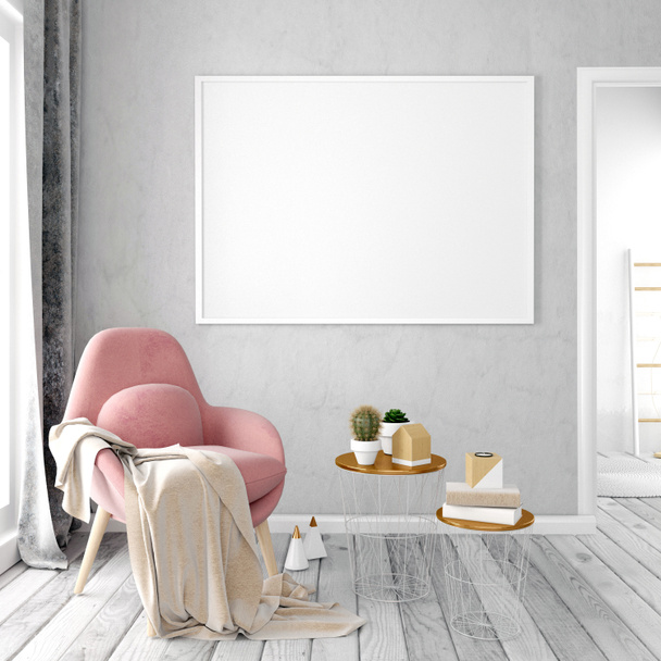 Moderní interiér, konferenční stolek a židle. Plakát mock-up. 3D  - Fotografie, Obrázek