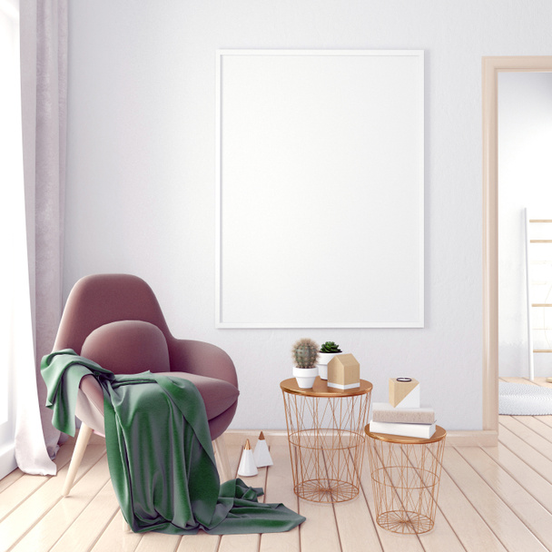 Modern interieur met koffie tafel en stoel. Poster mock up. 3D  - Foto, afbeelding