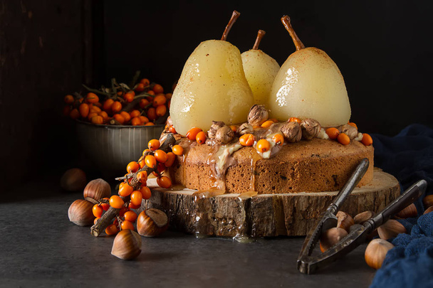 Autumn meal. Pie with pears, sea buckthorn and nuts. Dark backgr - Фото, изображение