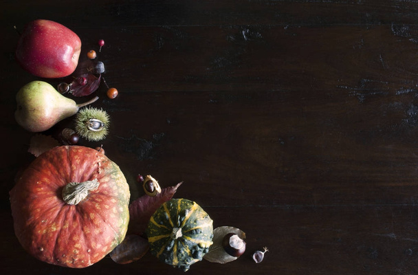 caduta rustico piatto giaceva con foglie, zucche e castagne su sfondo di legno scuro
 - Foto, immagini