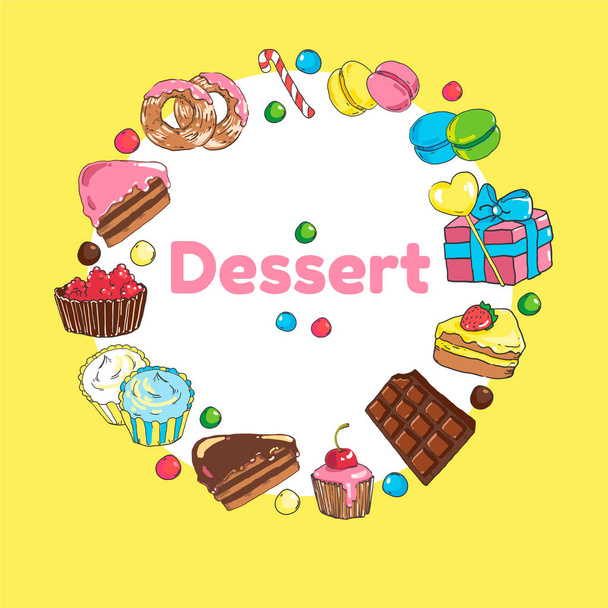 Rahmen von Süßigkeiten. Set mit Süßigkeiten und Kuchen - Vektor, Bild