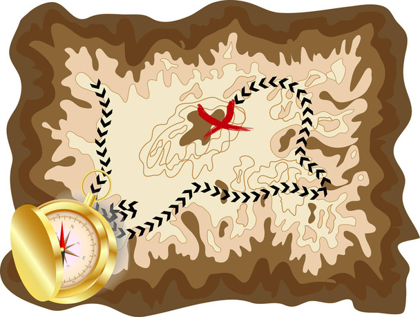 Mapie starego pirata na żółty pergamin z oznakowanej trasy i czerwone kreski złoty kompas, leżącego na nim zaszyfrowane wiadomości - Wektor, obraz