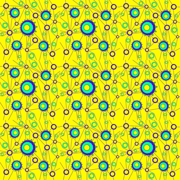Regular sem costura intrincados círculos concêntricos padrão amarelo turquesa roxo com linhas de conexão
 - Foto, Imagem