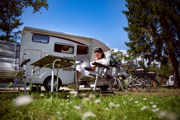 Family vacation travel, holiday trip in motorhome RV - 写真・画像