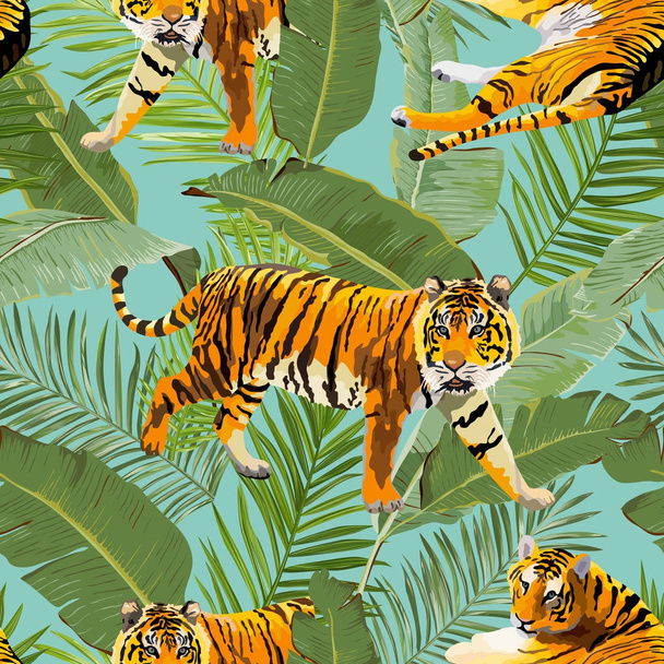 Tigers in Tropical Flowers and Palm Leaves Background, Seamless Pattern in vector - Vettoriali, immagini