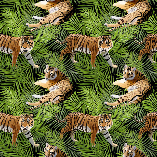 Tigers in Tropical Flowers and Palm Leaves Background, Seamless Pattern in vector - Vettoriali, immagini