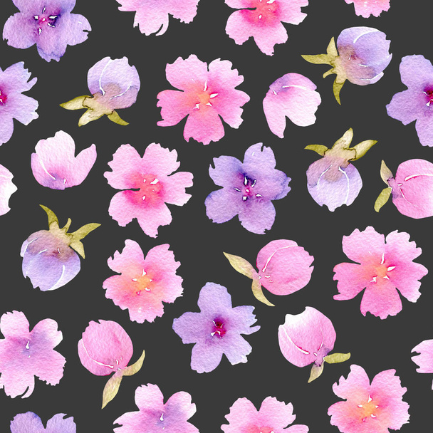 ピンクと紫の花を水彩でシームレス花柄 - 写真・画像