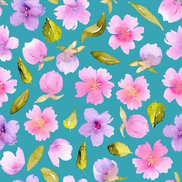 Kwiatowy wzór z akwarela kwiaty różowe, fioletowe i zielone liście - Zdjęcie, obraz