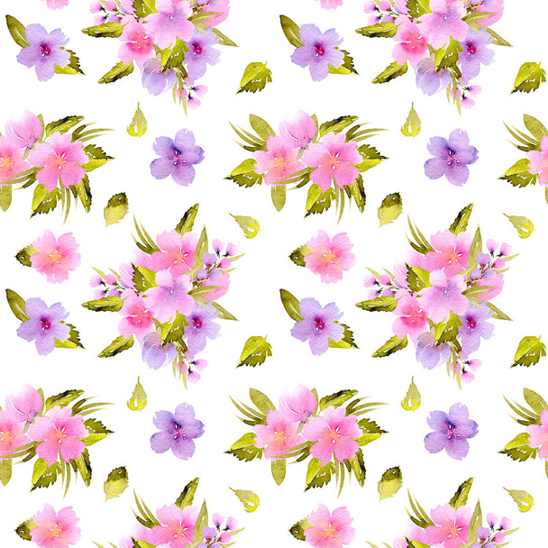 Watercolor pink, purple flowers and green leaves bouquets seamless pattern - Фото, зображення