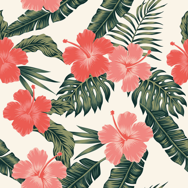 Flowers hibiscus abstract color tropical leaves seamless - Вектор,изображение