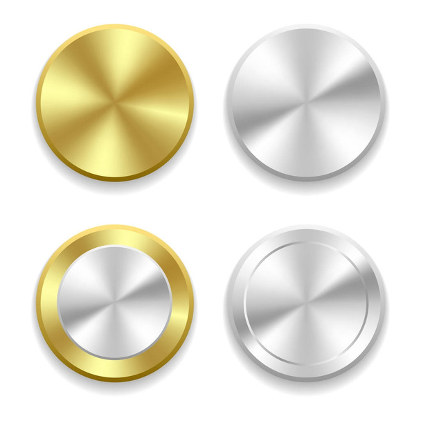 Realistické zlaté a stříbrné tlačítko s kruhovou zpracování. Vektorové ilustrace - Vektor, obrázek